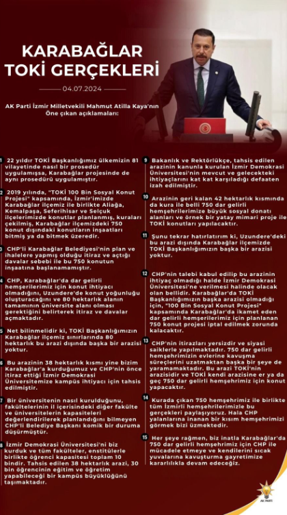 AK Partili Kaya'dan 15 maddelik 'Karabağlar TOKİ' açıklaması