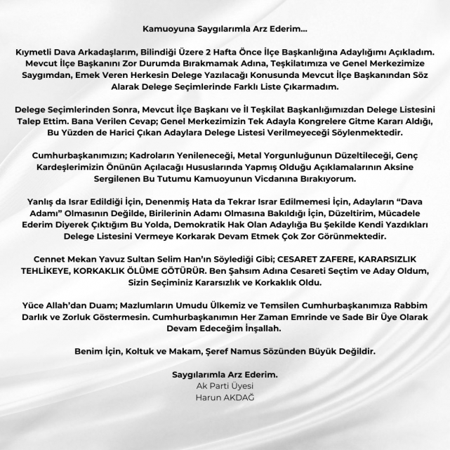 Harun Akdağ Adaylıktan Çekildi