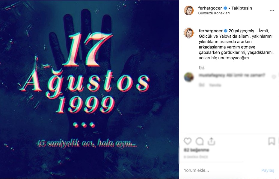 Ünlüler 17 Ağustos Depremini Unutmadı