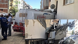Freni boşalan tanker apartmana çarparak durabildi