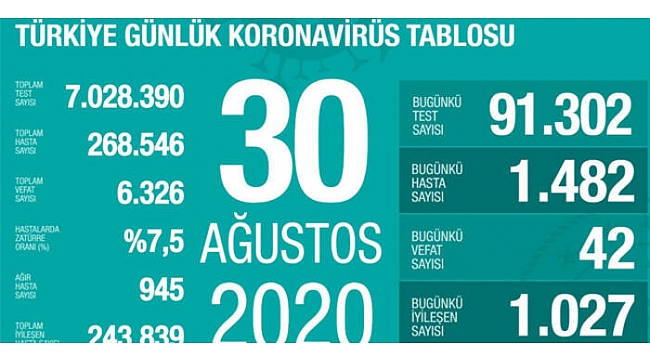 30 Ağustos koronavirüs tablosu