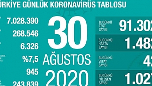 30 Ağustos koronavirüs tablosu