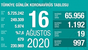 Türkiye'de Kovid-19 tedavisi tamamlananların sayısı 230 bin 969 oldu
