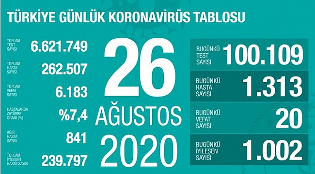 Türkiye'de son 24 saatte 1313 kişiye Kovid-19 tanısı konuldu