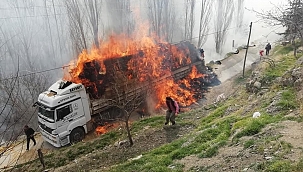 Saman balyası yüklü TIR, alev alev yandı