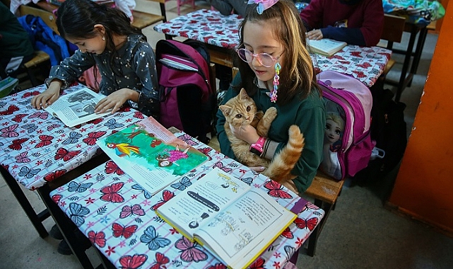"Fıstık" isimli kedi, İzmir'deki kitap okuma projesinin maskotu oldu
