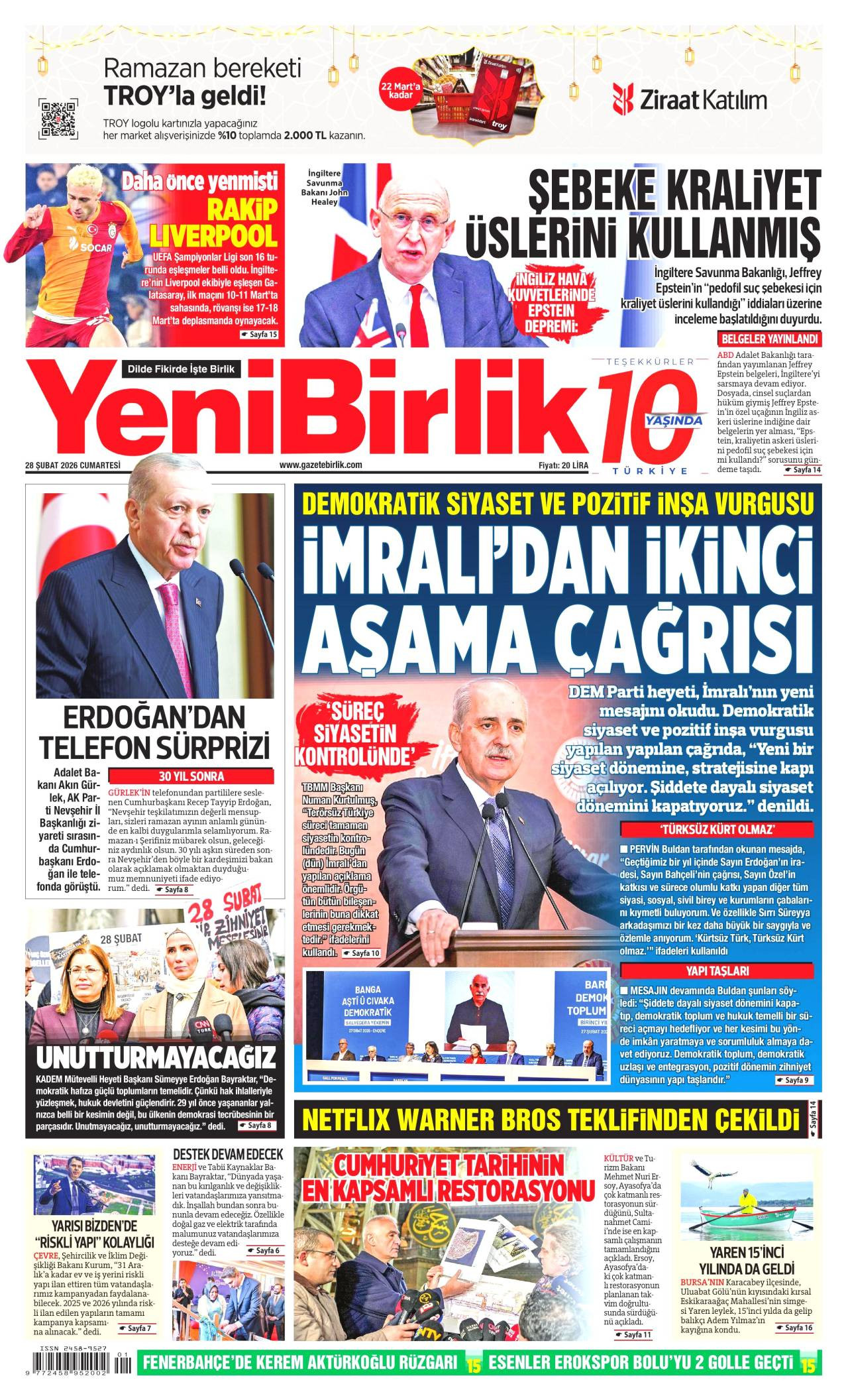 Yeni Birlik Gazete Manşeti