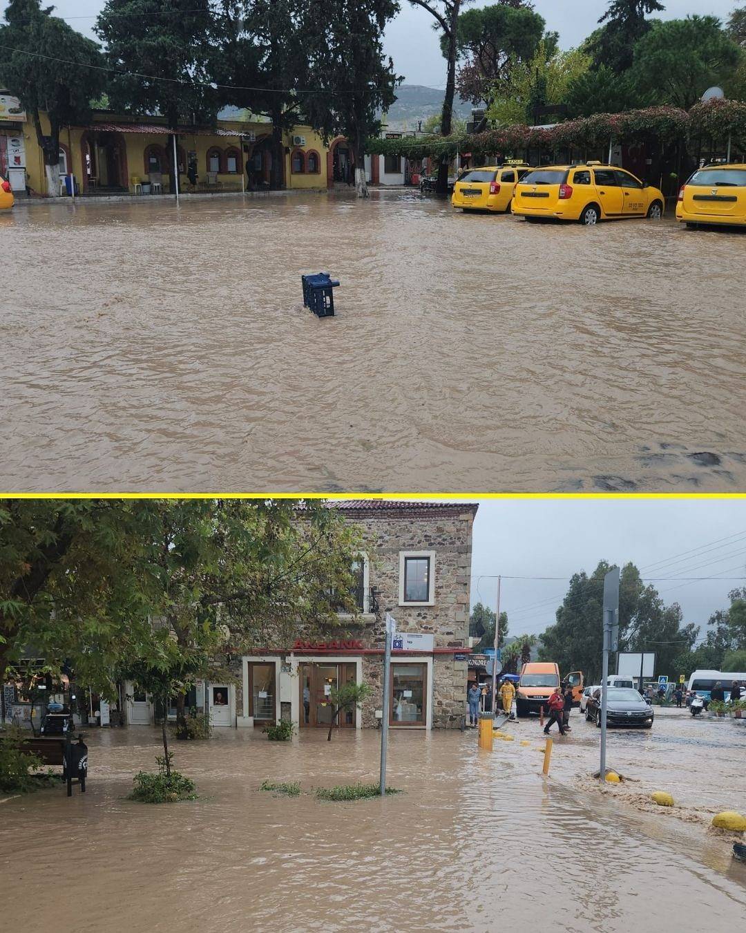 Foça’da sağanak kabusu: Caddeler göle döndü!